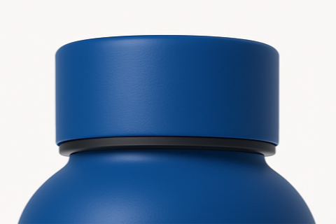 Detailansicht des mattblauen CENCO-Flaschendeckels – minimalistisches Design mit präziser Verarbeitung, ideal für stilbewusste Nutzer.