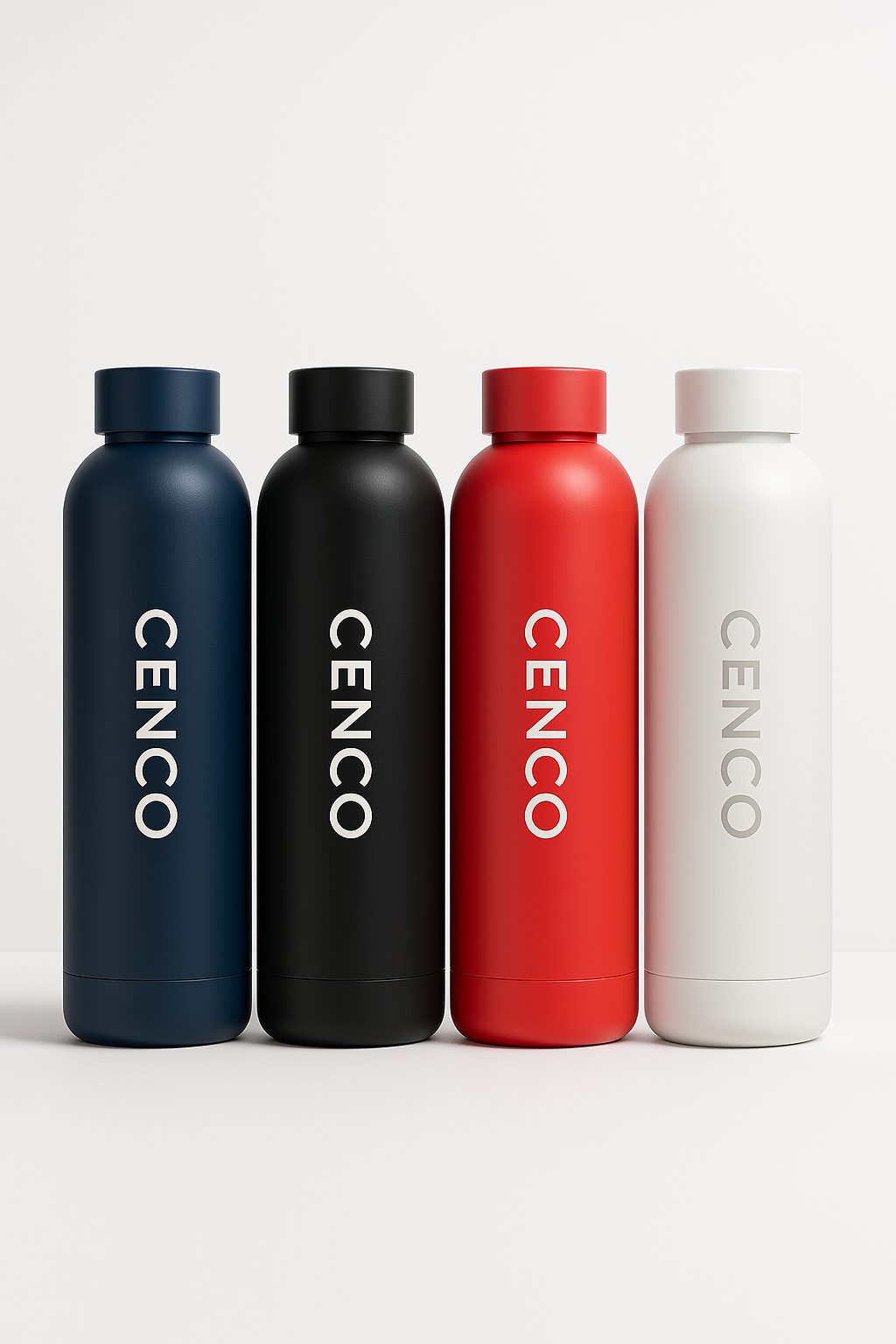 Vier moderne CENCO Trinkflaschen in den Farben Dunkelblau, Schwarz, Rot und Weiß – minimalistisches Design für gesundheitsbewusste, stilbewusste Menschen.