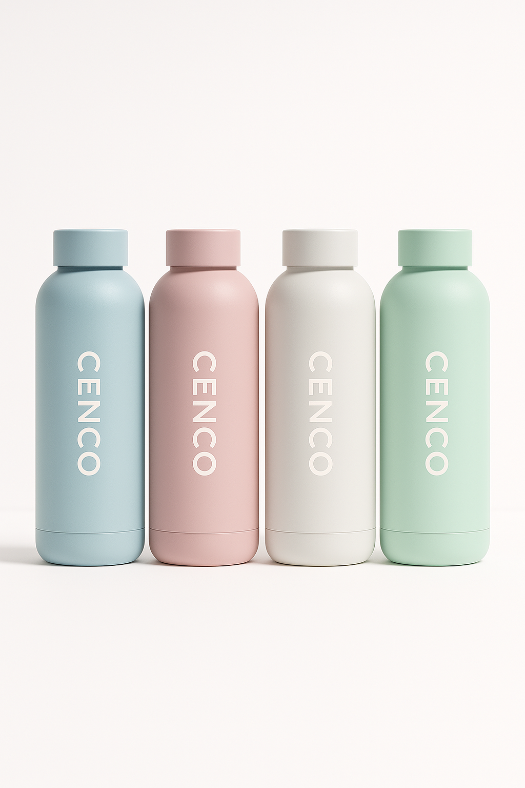 Vier minimalistische CENCO Trinkflaschen in sanften Pastellfarben – Hellblau, Rosé, Cremeweiß und Mintgrün – ideal für designaffine und gesundheitsbewusste junge Menschen.