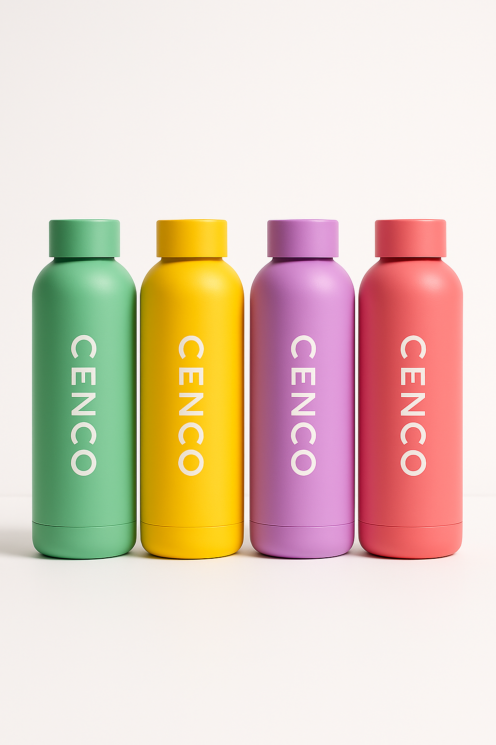 Vier stylische CENCO Trinkflaschen in den Farben Mintgrün, Sonnengelb, Fliederlila und Koralle – frisches, farbenfrohes Design für trendbewusste und gesundheitsorientierte Menschen.